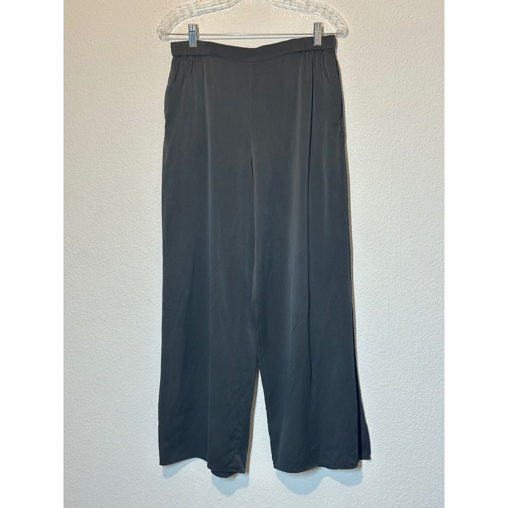 Quince Washable Silk Wide Leg Pants Charcoal Grey Elastic Waist Side Slit M